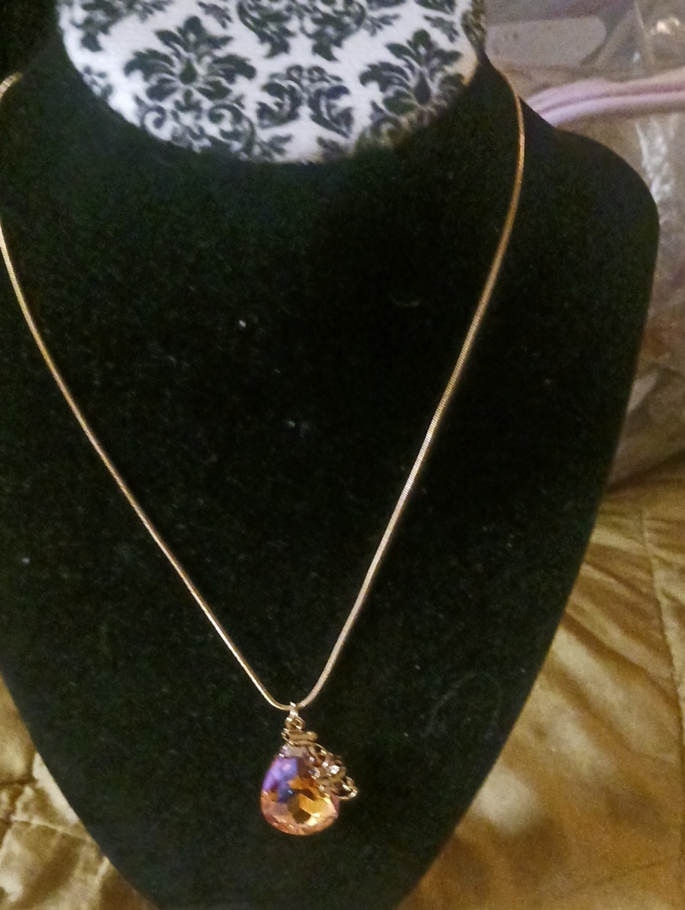 Gold Chain Necklace with Purple-Orange Crystal Pendant